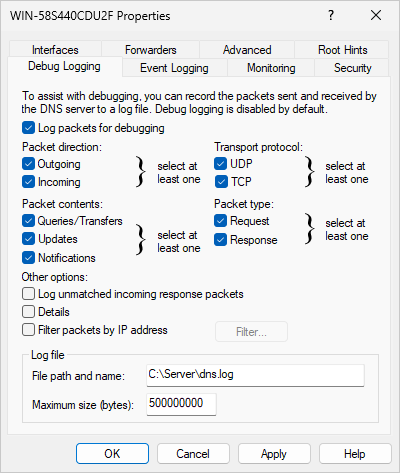 DNS Server Properties window