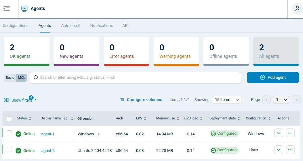 NXLog Platform agents list