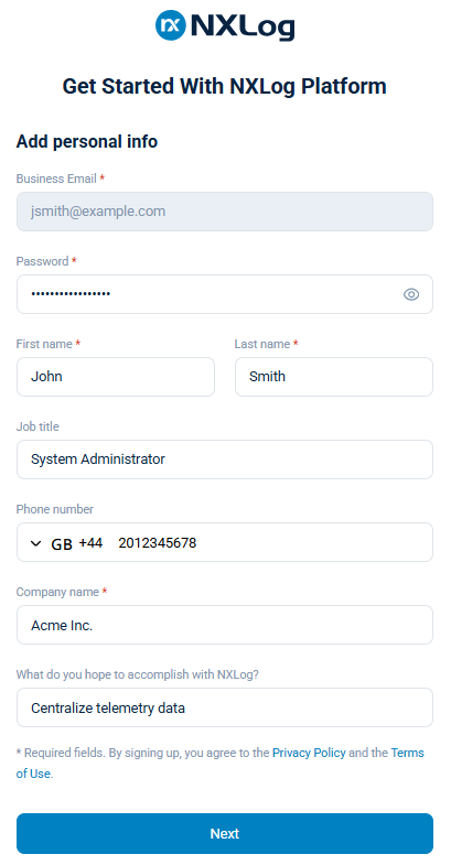 NXLog Platform registration form