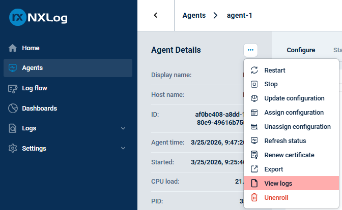 View logs from the agent details view