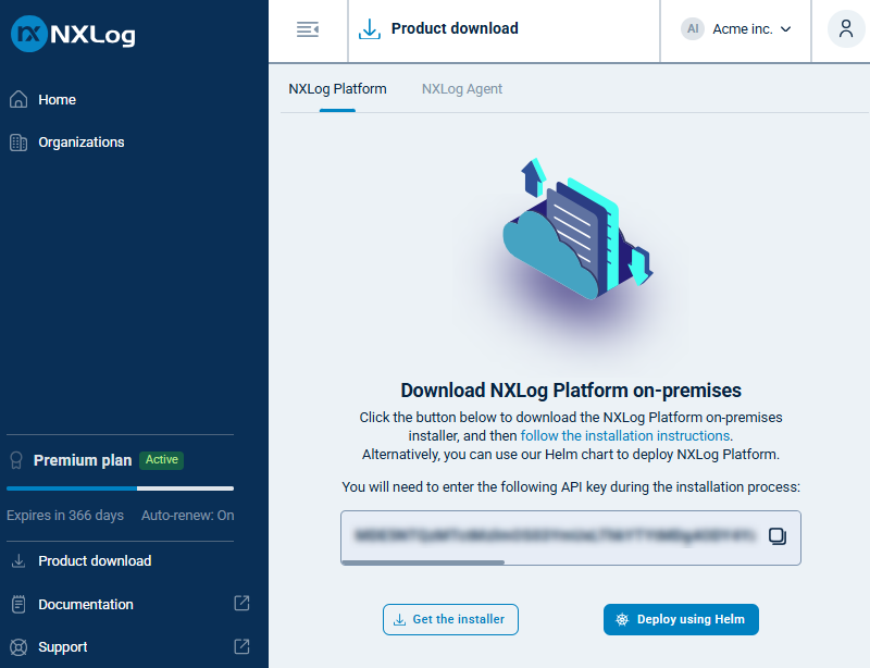 NXLog Platform on-premises API key