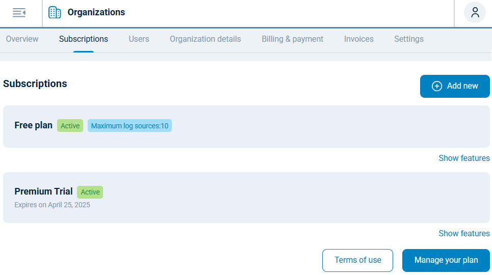 NXLog Platform subscriptions tab