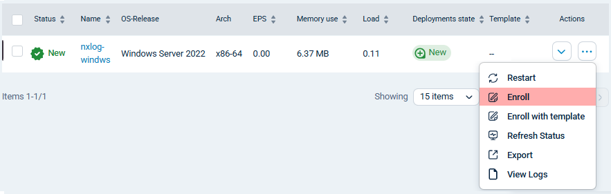 Enroll an NXLog Agent instance through the actions menu