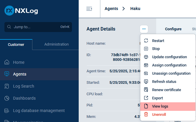 View logs from the agent details view