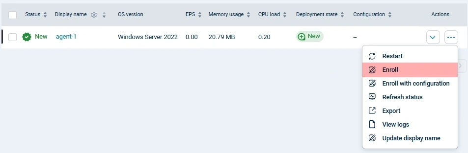 Enroll an NXLog Agent instance through the actions menu