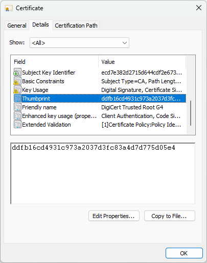 Windows certificate details